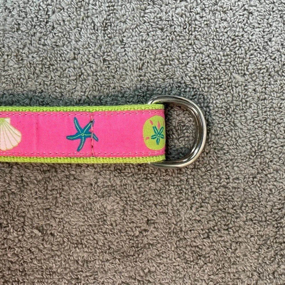 Douglas Paquette Pink Green Sea Shell Starfish D-Ring Canvas Belt Womens Medium
